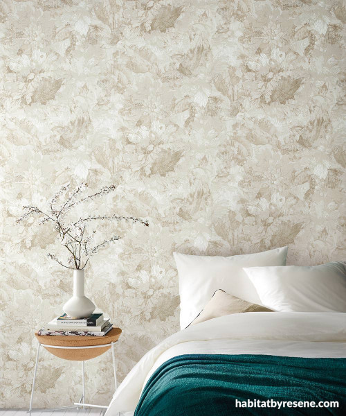 mattress, bed, wallpaper in bedroom, bedroom inspiration, wallpaper, Resene 