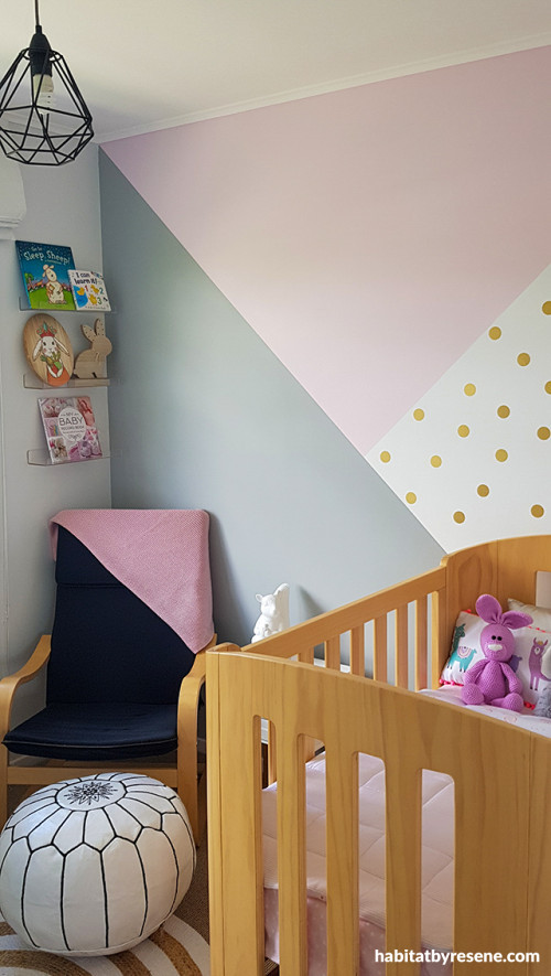 Nursery Inspo, kids room, girls bedroom, pink and grey, resene, polka dot feature wall
