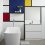 Mondrian Bathroom, Mondrian Inspo, Mondrian Bathrooms, Blue, Red and Yellow