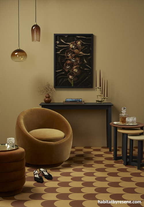 Mustard Interiors, Scalloped Floor, Mustard Arm Chair, Stencilled Floor