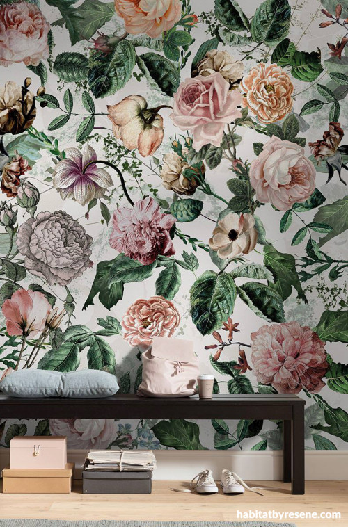 floral wallpaper, wallpaper inspiration, decorating with floral, floral decor, resene