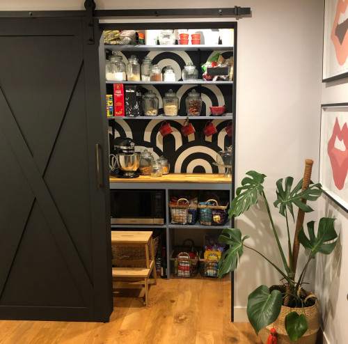 Pantry, Mural, Black and White, Kitchen Renovation, Monochromatic, Barn Door, Resene