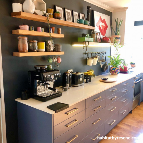 Eclectic Kitchen, Resene Double Foundry, Open Shelving, Pop Art, Kitchen Renovation