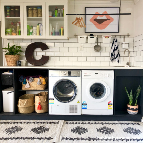Laundry Inspiration, Subway Tiles, Black and White, Laundry Organisation, Resene
