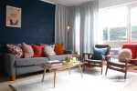 blue feature wall, painted brick, navy wall, grey sofa, grey and blue decor, decorating, Resene 