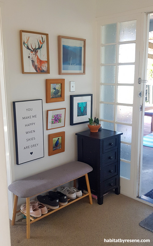 Resene Alabaster, Entryway, 70s renovation, Gallery Wall, Hall Inspo