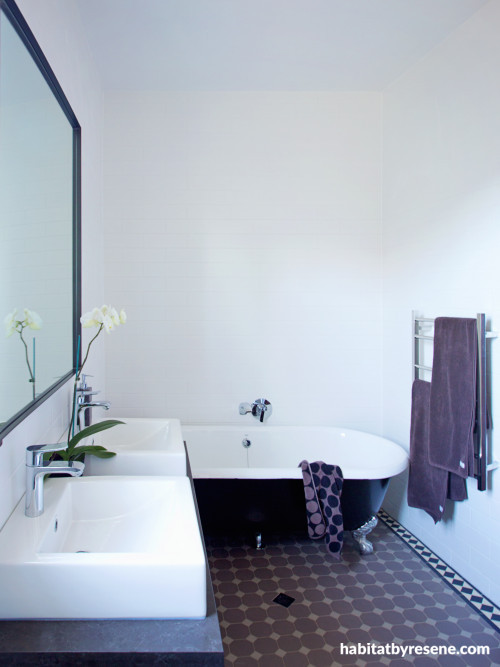 bathroom inspiration, black and white bathroom, black bath, claw foot bath, bathroom decorating, Resene