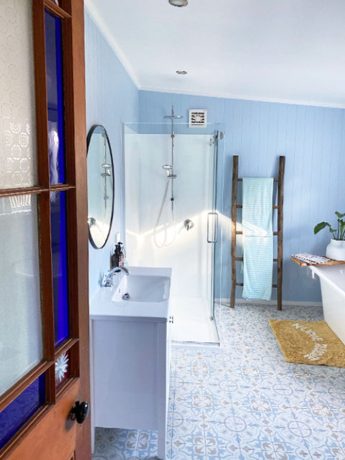 blue bathroom tongue and groove