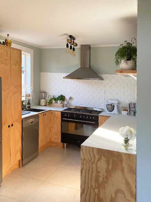 pastel green kitchen pressed metal splashback