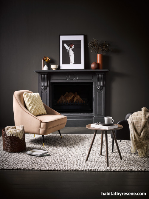 black living room, living room inspiration, velvet furniture, decorating with black, Resene