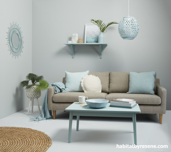 Peaceful Living Room, Tonal Blue, Resene Paint, Blue Grey, Duck Egg Blue