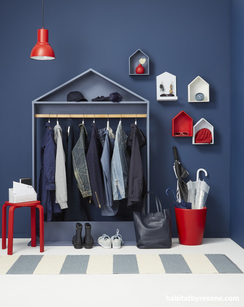 Mudroom, Blue Interiors, Red White and Blue, Resene Bunting, White Floor