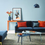 Orange and Blue, Tonal Blue, Velvet Couch, Bright Interiors, Resene