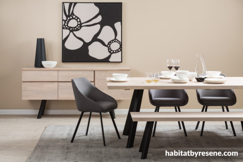 modern dining, nood, contemporary dining, black and white dining, resene biscotti